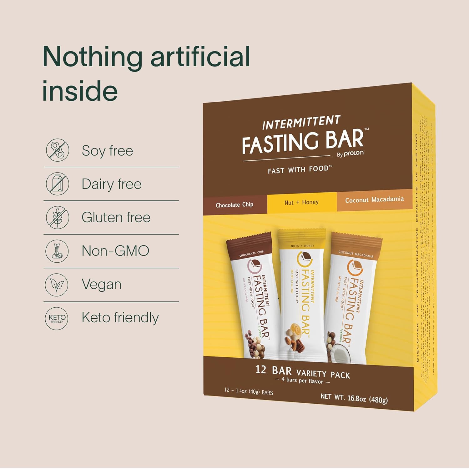 Prolon Fasting Bars | 5g Protein, 7g Fiber | Keto-Friendly, Gluten-Free, Dairy-Free, Plant-Based | Nutrition for Intermittent Fasting | Variety Pack | Nuts & Honey, Chocolate Chip, Coconut Macadamia (12 Count)