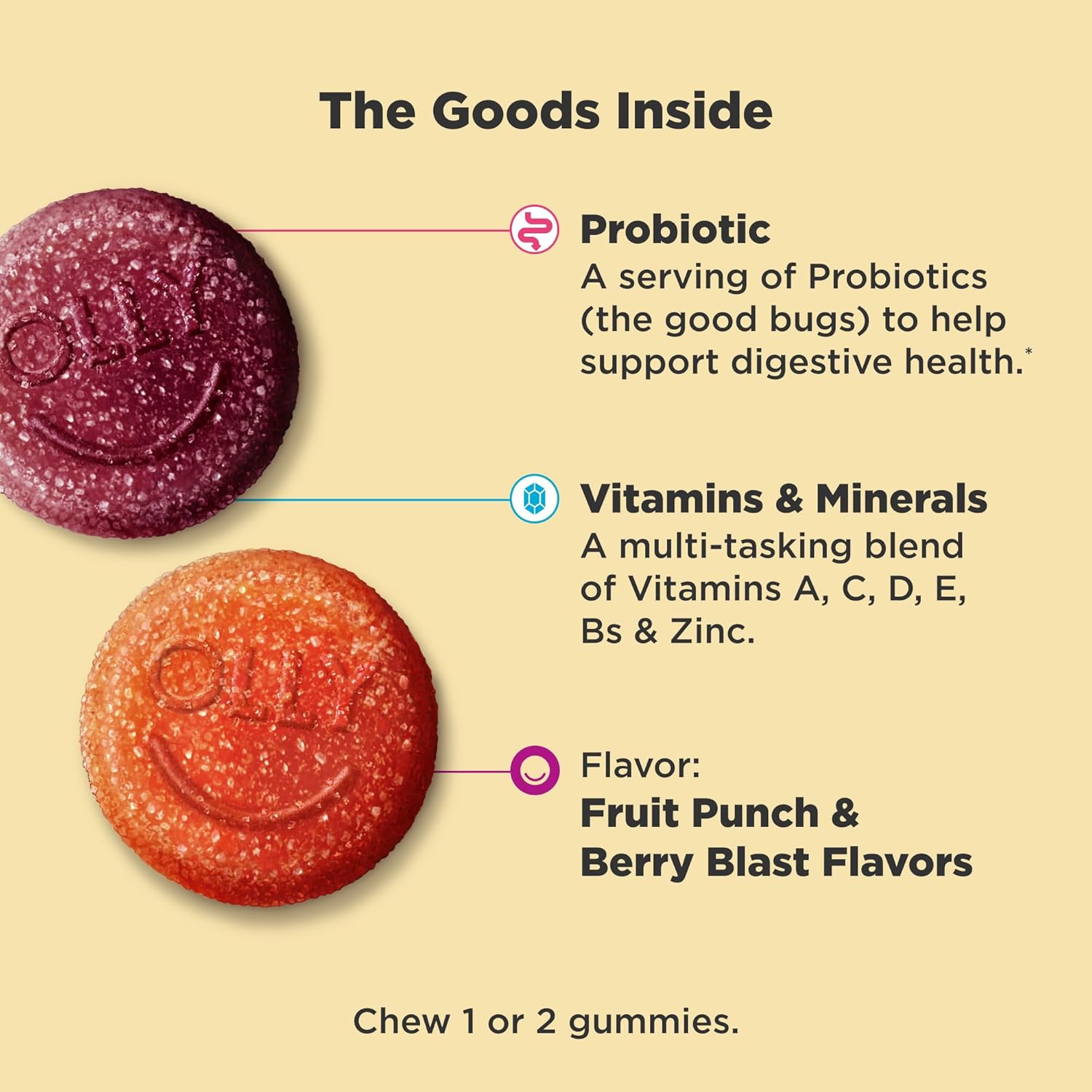 OLLY Kids Multivitamin & Probiotic Gummy, Digestive Support, Vitamins A, D, C, E, B, Zinc, Chewable Supplement, Berry Flavor, 35 Day Supply - 70 Count