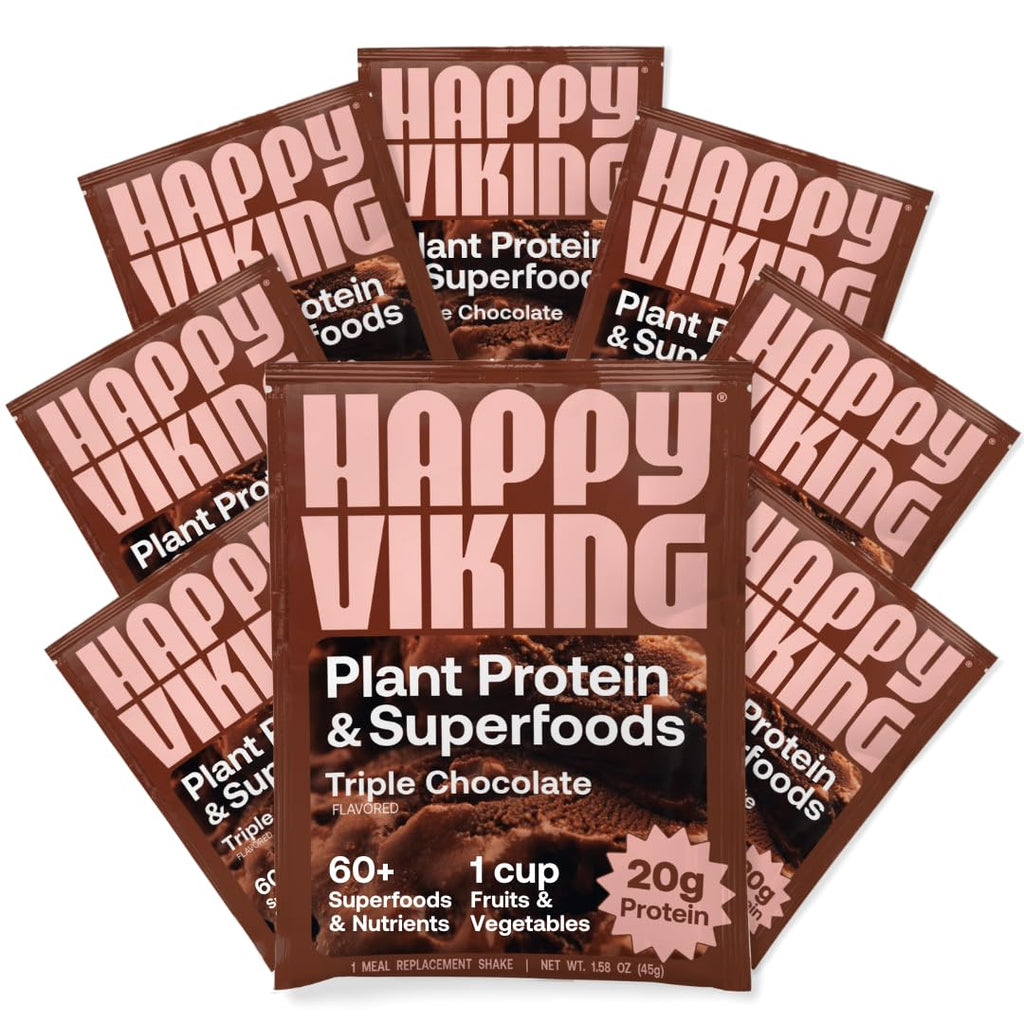 Happy Viking Triple Chocolate Plant Protein Powder, Created by Venus Williams, 20G Protein, Low Carb, Keto, Vegan, Gluten-Free, Non-GMO, Superfoods, Complete Meal Replacement, 8 Single Serve Packs