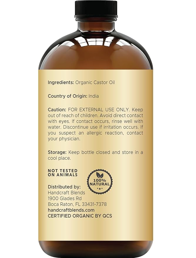 Handcraft Blends Cold-Pressed Organic Castor Oil 16 Fl Oz | Glass Bottle | 100% Pure and Natural | Premium Grade Carrier Oil | Hair, Eyelashes and Eyebrows | Hair and Body