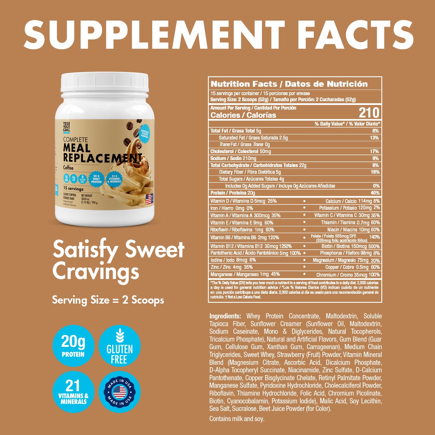 Yes You Can! Meal Replacement Shake - 20G Protein, 4G Fiber, 21 Vitamins & Minerals, 0G Added Sugar - Meal Replacement Protein Powder - Complete All-in-One Nutrition - 15 Servings (Coffee) - 2 Pack