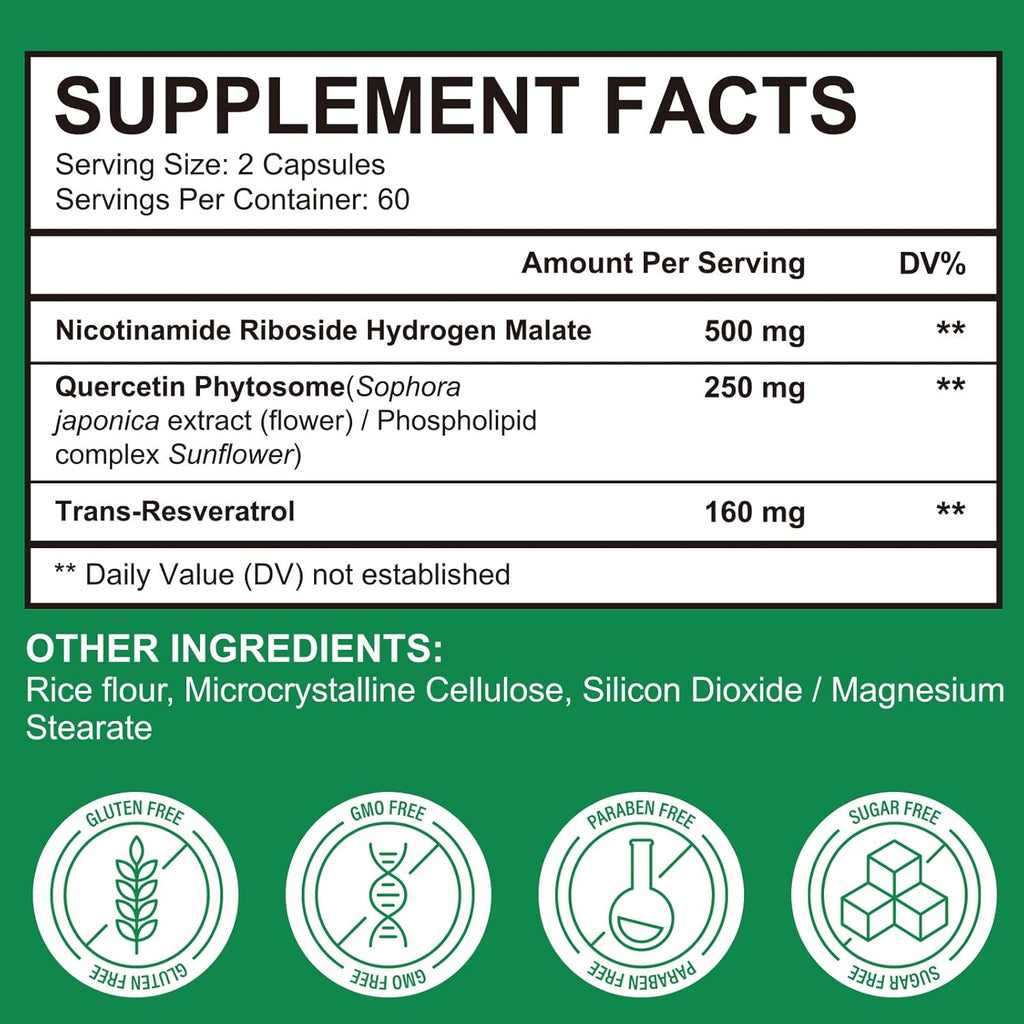 NAD Supplement, NAD Nicotinamide Riboside with Premium Nicotinamide Riboside & Resveratrol, NMNH Supplement Alternative, Health Supplements for Anti-Aging, Energy, Focus - 60 Days Supply