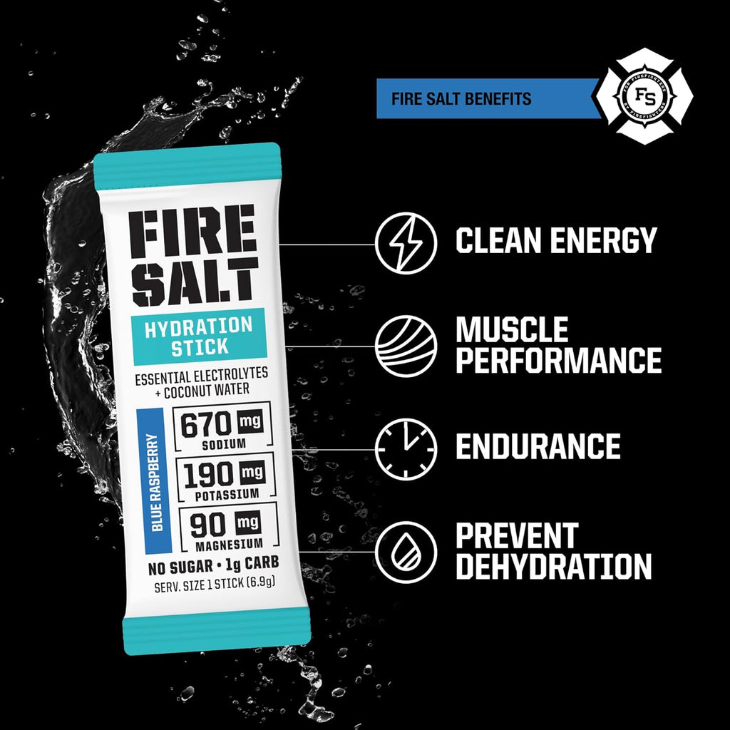 Fire Science Fire Salt Hydration Sticks, Electrolytes & Coconut Water, Hydration Drink Mix with Caffeine, Potassium & Sodium, Zero Sugar, Serve On The Go Packs, Caffeine Blue Raspberry, 32 Count