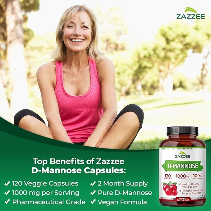Zazzee D-Mannose, 1000 mg per Serving, 120 Vegan Capsules, 2 Month Supply, Potent & Fast-Acting, Certified Kosher, 100% Pure, All-Natural Urinary Tract Health Support, 100% Vegetarian, Non-GMO