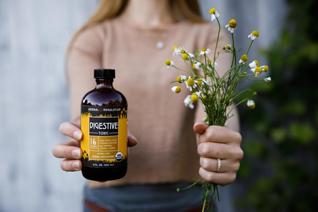 Herbal Revolution Digestive Tonic - Certified Organic Non-GMO Apple Cider Vinegar Infused with Honey, Burdock Root, Dandelion, Lemon Balm & More, Made Using Regenerative Farming Practices - 8 Fl Oz