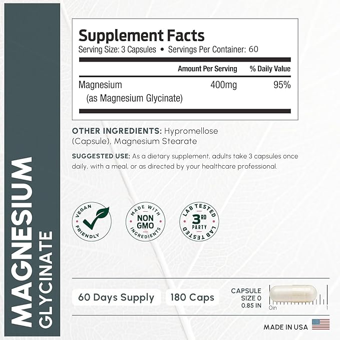 Pure Magnesium Glycinate 400mg Serving - High Absorption Magnesium Glycinate - Mag Bisglycinate for Stress, Bones, Muscles, Nerves, Relaxation & Heart Health, Non GMO & Gluten Free - 180 Capsules