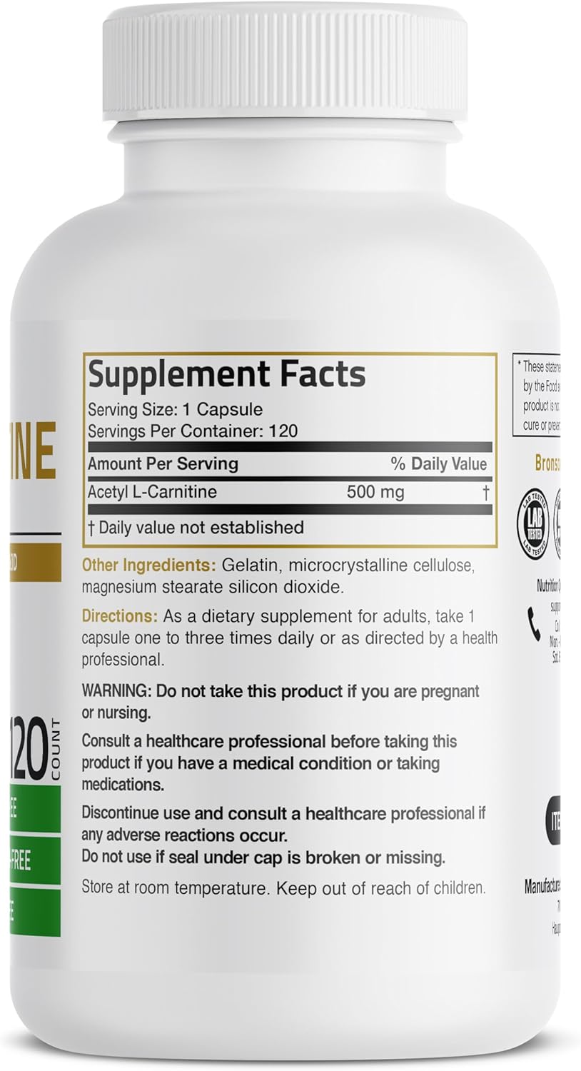 Bronson Acetyl L-Carnitine 500 MG High Potency Amino Acid Non-GMO, 120 Capsules