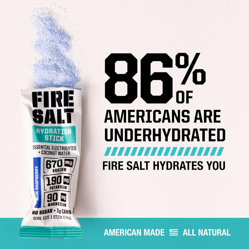 Fire Science Fire Salt Hydration Sticks, Electrolytes & Coconut Water, Hydration Drink Mix with Caffeine, Potassium & Sodium, Zero Sugar, Serve On The Go Packs, Caffeine Blue Raspberry, 32 Count