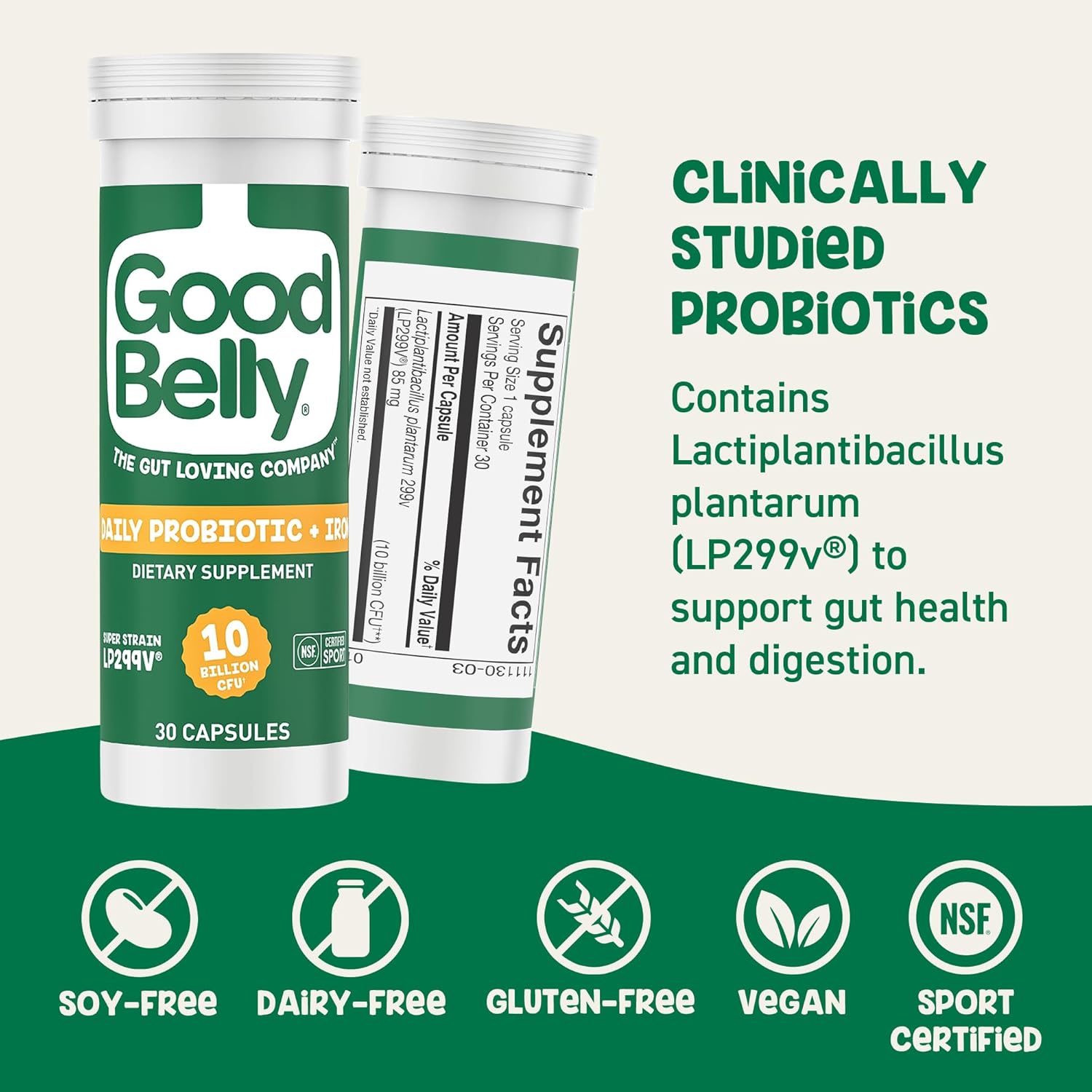 GoodBelly Probiotic Capsules for Digestive Health & Iron Absorption | Vegan Probiotic Supplement with 10 Billion Live Cultures | Probiotics for Women & Men | 30 Capsules