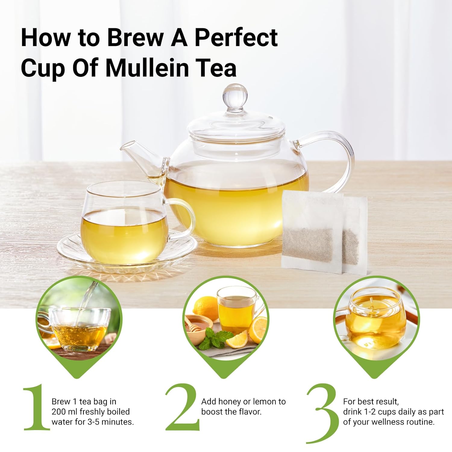 Premium 60 Mullein Tea Bags For Lungs - 100% Pure Mullein Leaf | For Lung Health & Respiratory Wellness Support | Caffeine Free - No Additives & Non-GMO | Plastic-Free, Plant-Based Tea Bags