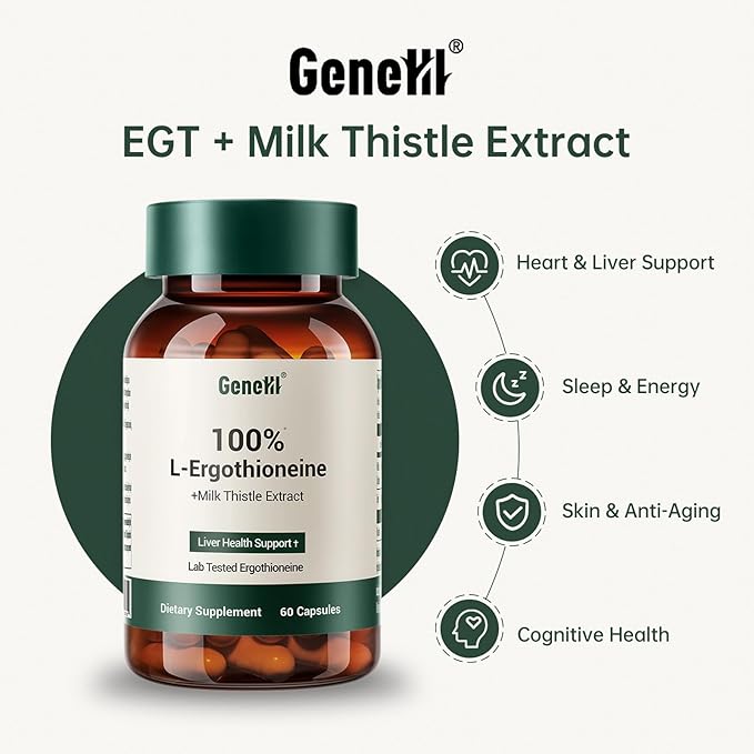 Clinically Studied L-Ergothioneine + Milk Thistle Supplement – Advanced Cellular and Liver Health Support – 30mg 99.99% Ultra-Pure Ergothioneine – Vegan, Non-GMO, 60 Count