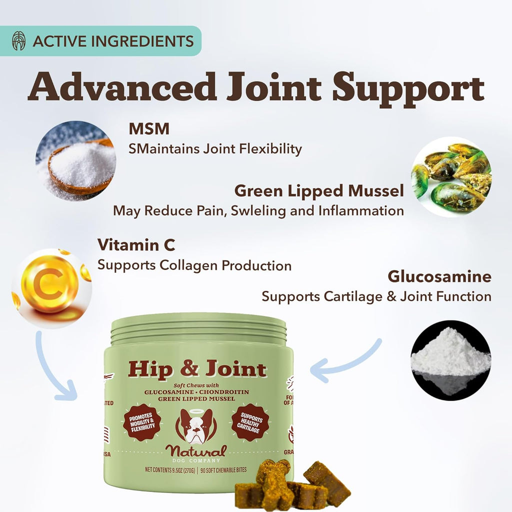 Natural Dog Company Hip & Joint Supplement for Dogs – Supports Mobility, Flexibility & Comfort, Glucosamine, Chondroitin, MSM & Turmeric, Chicken Flavor, 90 Count