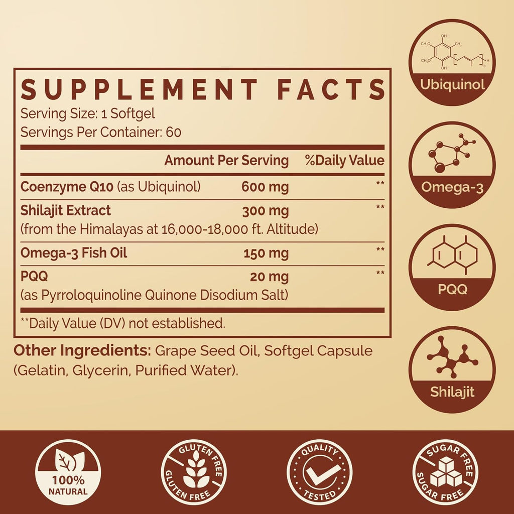 Ubiquinol CoQ10 600 MG Softgels with Omega-3 & Shilajit & PQQ, Advanced Dual-Delivery Coenzyme-Q10, Active CoQ10 Ubiquinol Supplement for Fertility, Antioxidant, Heart, Brain & Energy, 60 Servings