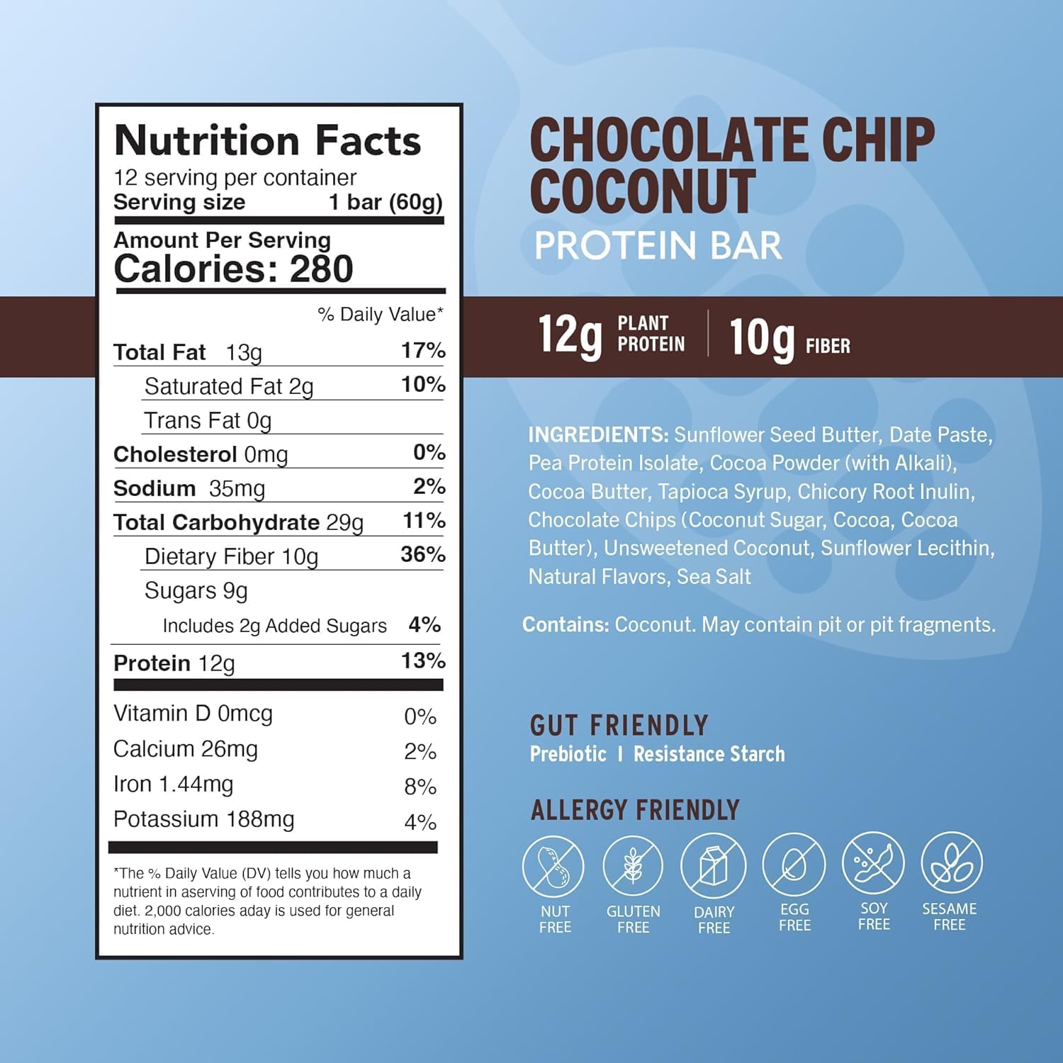 Amrita Nut Free Chocolate Chip Coconut Vegan Protein Bars (12 CT PK of 3) | 12g Plant-Based Protein Bar | Peanut Free, Gluten Free, and Dairy Free | Low Sugar, High Fiber, Healthy School-Safe Snacks
