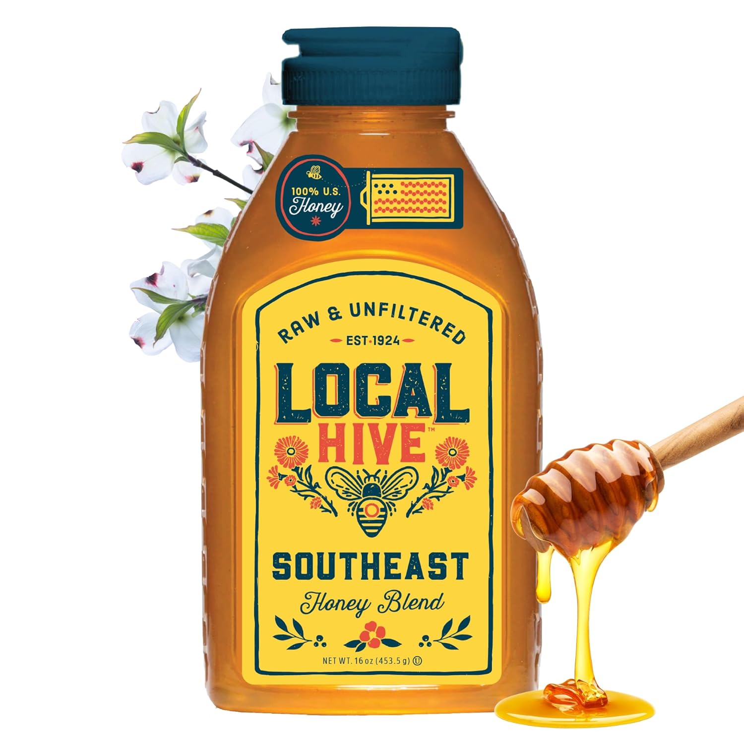 Local Hive Southeast Raw & Unfiltered – 16 oz | 100% Pure U.S. Honey | Natural Sweetener Sourced from American Bees & Beekeepers | Sweet Lightly Spicy Flavor | Ideal for Tea, Baking & Cooking