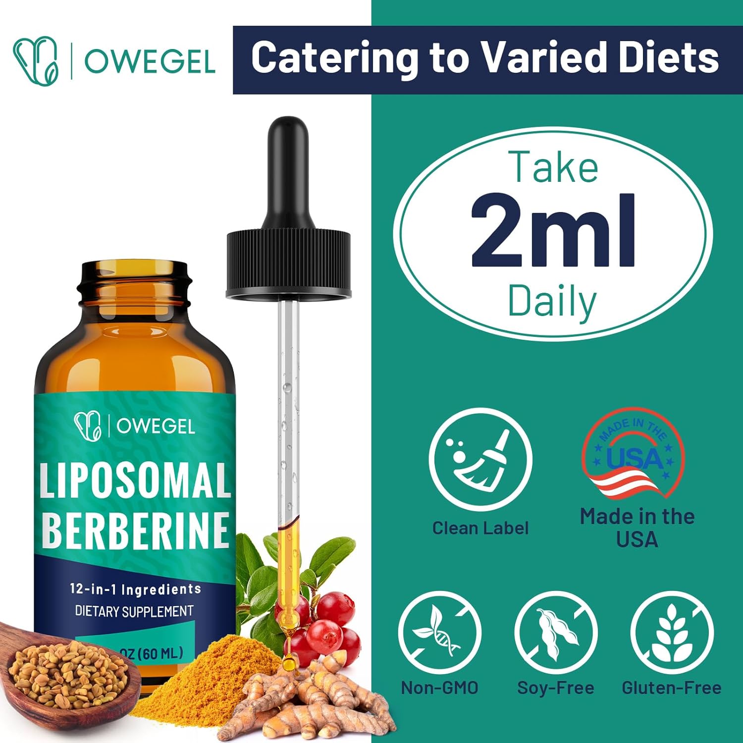 Berberine HCL Supplement with Ceylon Cinnamon - Highly Absorbable Liposomal Berberine Liquid Drops 3000mg- 12 in 1 Natural Ingredients - AMPK Activator - 2 Fl Oz