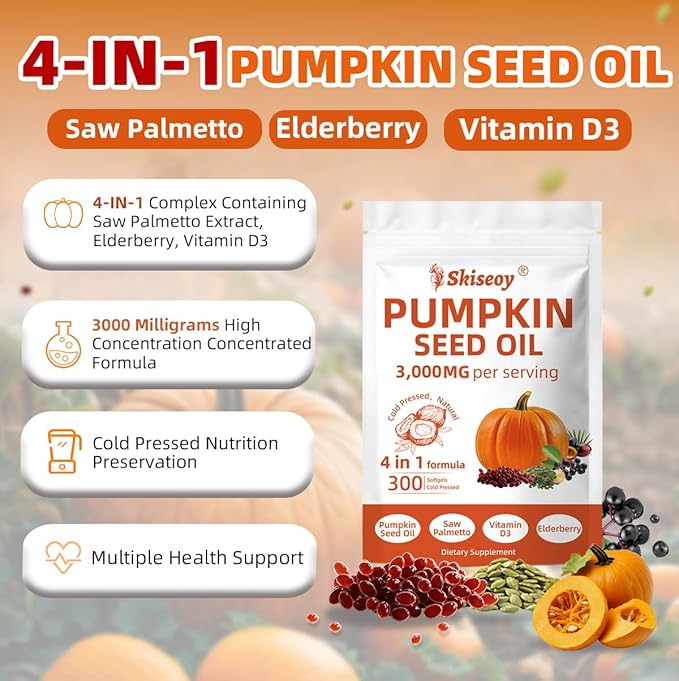 Pumpkin Seed Oil with Saw Palmetto, 300 Softgels | 4 in 1 Vitamin D3 & Elderberry, 3000mg Cold Pressed & Pure Virgin Oil | Supports Hair, Urinary, Bladder & Prostate Health, Immune | Vegan, Non-GMO