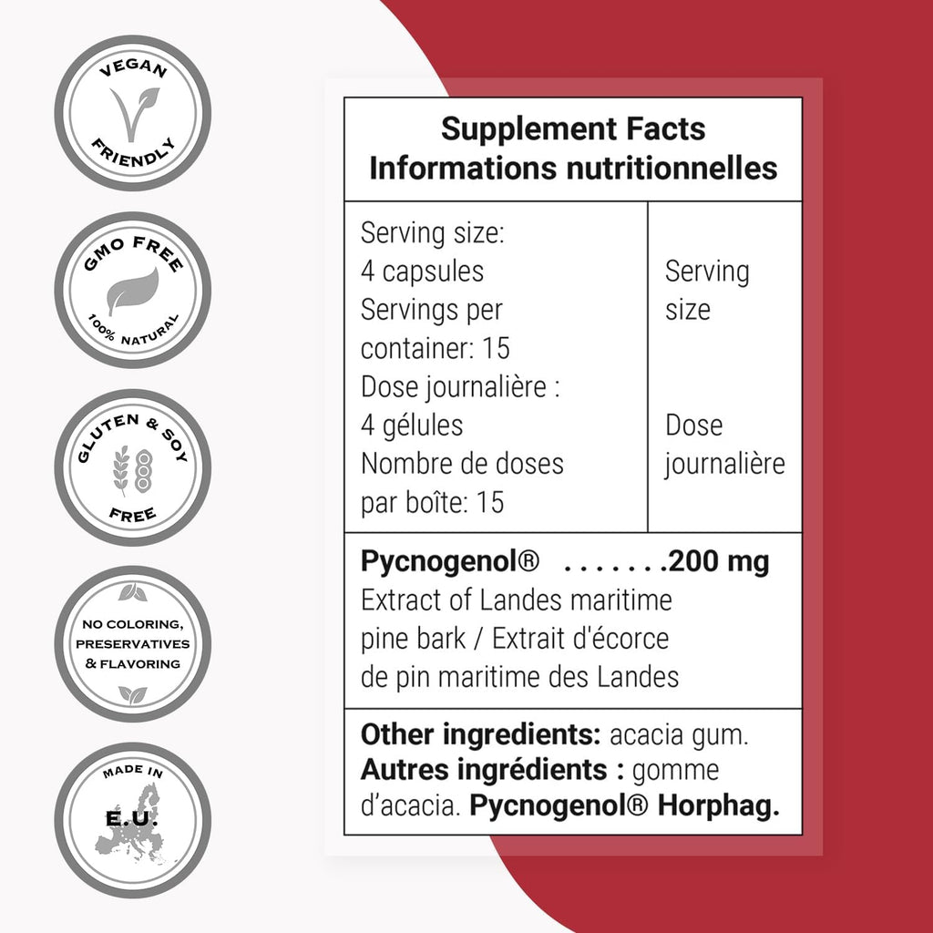 Supersmart Pycnogenol 200mg per Day (Patented & Highly Bioavailable) - French Maritime Pine Bark Extract | Non-GMO & Gluten Free - 60 Vegetarian Capsules