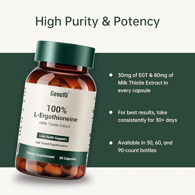 Clinically Studied L-Ergothioneine + Milk Thistle Supplement – Advanced Cellular and Liver Health Support – 30mg 99.99% Ultra-Pure Ergothioneine – Vegan, Non-GMO, 30 Count