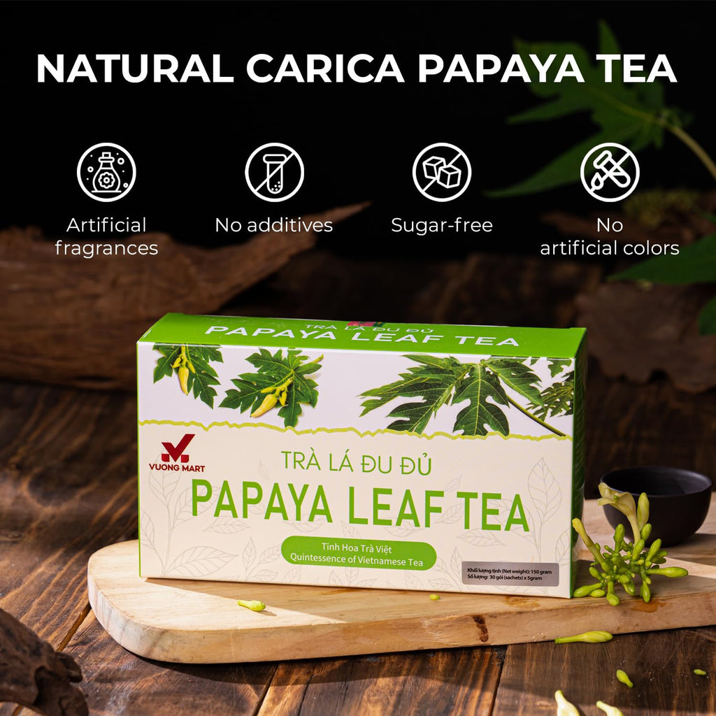 VUONGMART Dried Carica Papaya Leaf Tea, Stevia, 100% Hand Pick, Organic Herbal Tea, 30 Count, Gluten Free, Dairy Free, Sugar Free, Energy Boost & Health Support