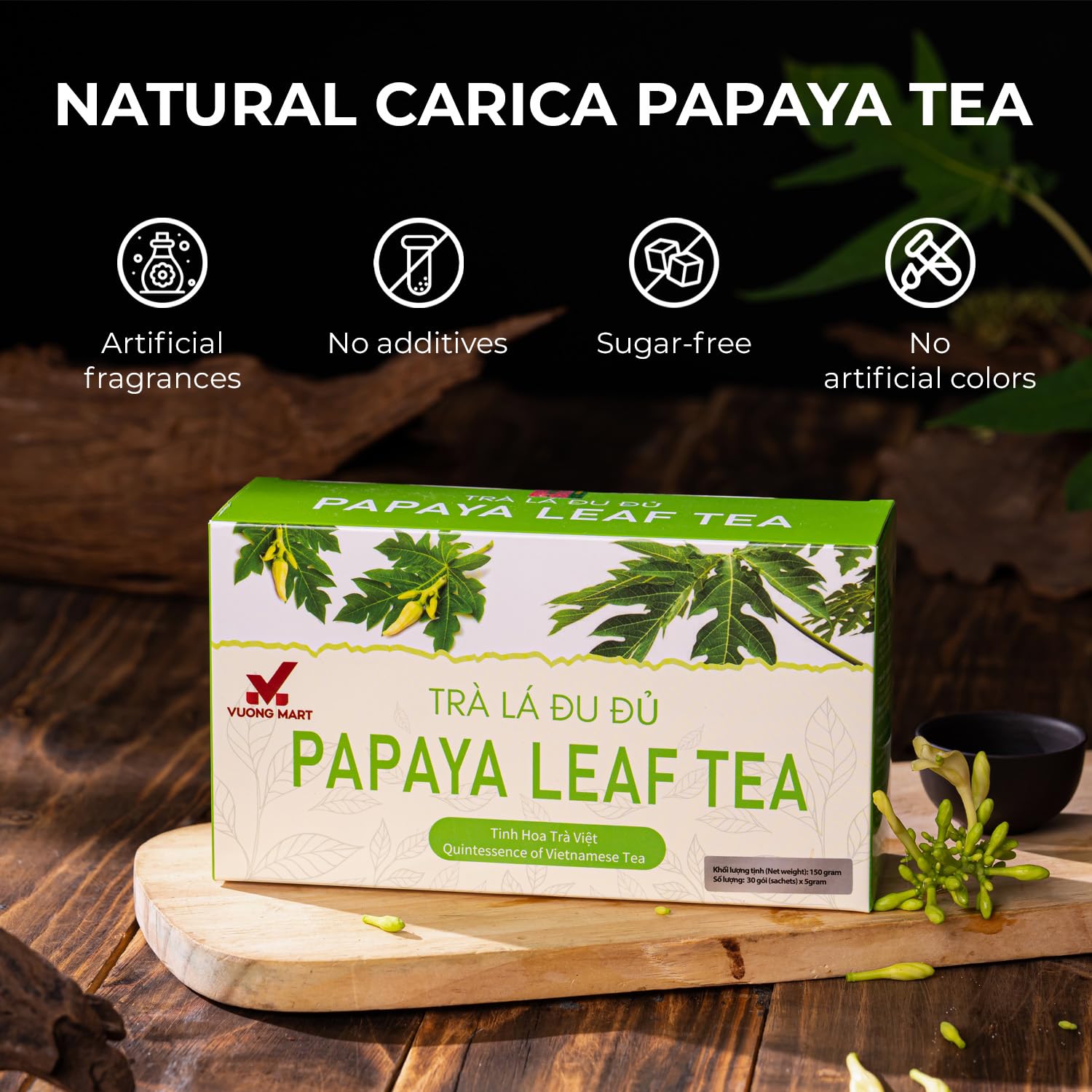 VUONGMART Dried Carica Papaya Leaf Tea, Stevia, 100% Hand Pick, Organic Herbal Tea, 30 Count, Gluten Free, Dairy Free, Sugar Free, Energy Boost & Health Support