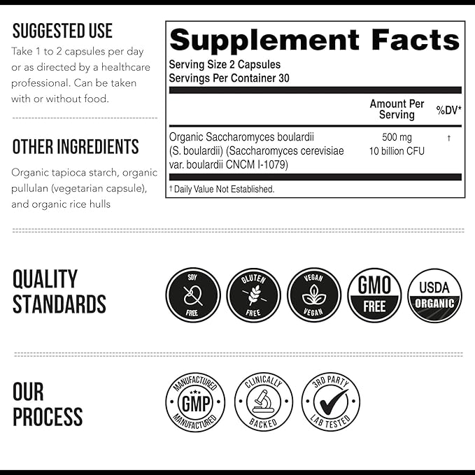 Organic Saccharomyces Boulardii - 10 Billion CFU - Clinically Validated CNCM I-1079 Probiotic Strain - Gut, Digestion & Healthy Bowel Support - First Organic Form of S. Boulardii Probiotic - 60 Count