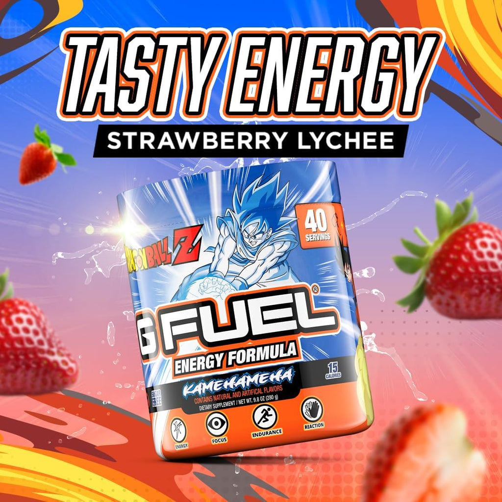 G Fuel Dragon Ball Z Energy Drink Powder, Pre Workout Caffeine Mix for Gaming, Sugar Free Focus Amino, Vitamin + Antioxidants, 9.8oz (Strawberry Lychee, 40 Servings)