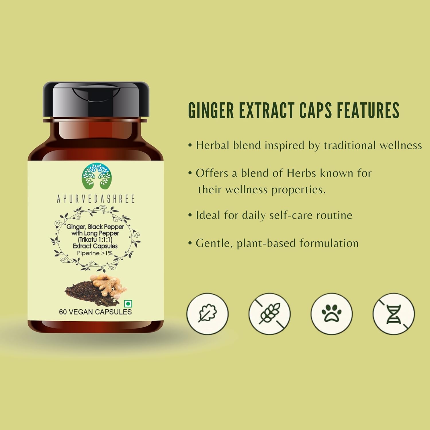 Trikatu Extract 500mg - 60 Vegetarian Capsules | Ginger with Black Pepper & Long Pepper Extract | | All Natural | 100% Vegan | Gluten-Free | GMP Certified.