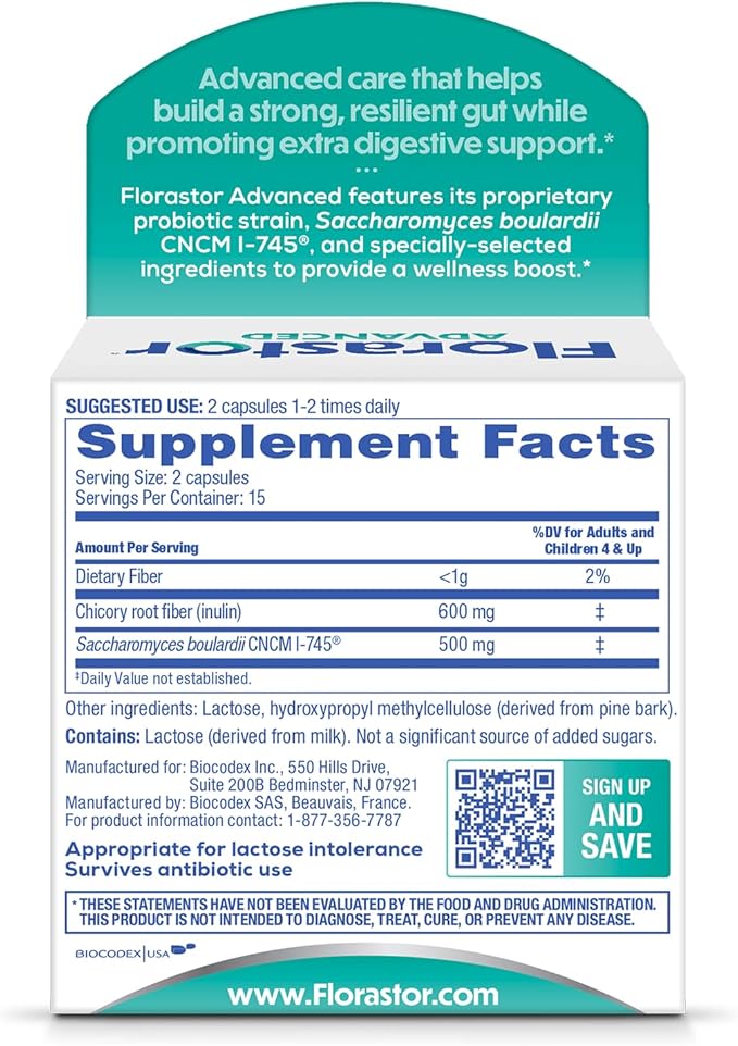 Florastor Select Pro+Pre Daily Probiotic and Prebiotic Supplement for Women and Men, Boosts Good Bacteria, Saccharomyces Boulardii CNCM I-745 (30 Capsules) (Pack of 1)