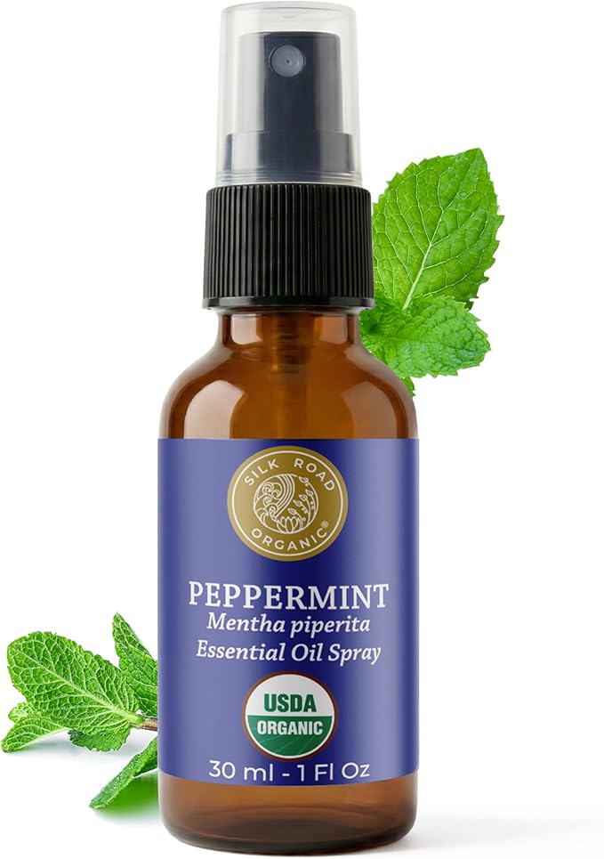 Silk Road Organic Peppermint Essential Oil Spray, USDA Certified, for Nausea, Morning Sickness, Focus & Head Tension - 1 Oz. Aromatherapy Spray