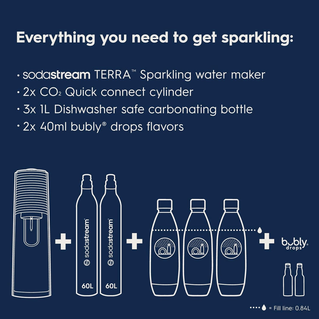SodaStream - Terra Sparkling Water Maker | VALUE BUNDLE | CQC CO2 system | Includes 2x CO2 Cylinders, 3x 32 Fl Oz Dishwasher Safe Bottles, 2x Bubly Flavor Drops | Combine with Pepsi Flavors | White