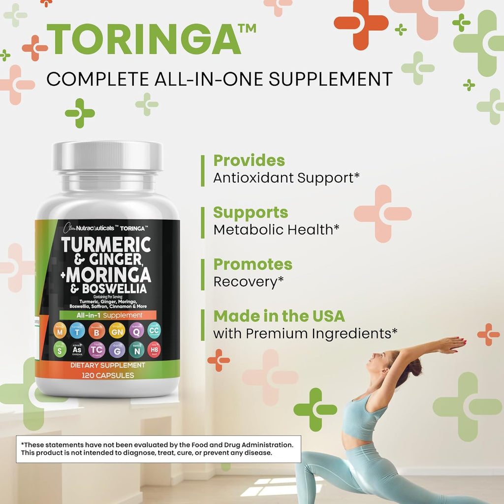 Turmeric Moringa Supplement | Ginger Boswellia Saffron - Supplement for Women and Men with Ceylon Cinnamon, Tart Cherry, Quercetin Garlic Nettle Holy Basil - 5Pack