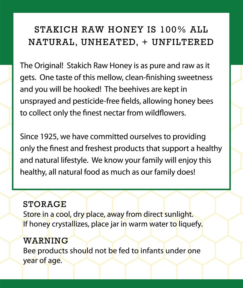 Stakich Raw Honey - Pure, Unprocessed, Unheated, Kosher - 40 Ounce