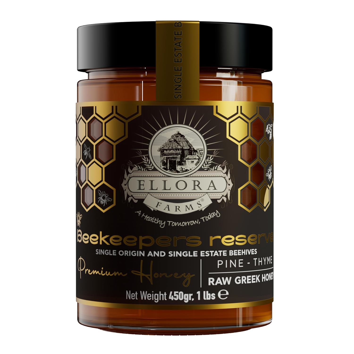 Ellora Farms Greek Honey Single Estate PDO, Pine & Thyme Raw Honey Unfiltered, Beekeepers Reserve, Pure Raw & Unfiltered Cold-Pressed, Gluten Free - 450 g