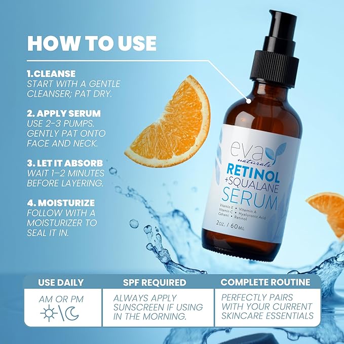 Eva Naturals Retinol + Squalane Serum – Anti Aging Face Serum for Wrinkles, Collagen Boost, Eye & Night Use – Retinoid Skin Care for Acne, Pores, Dark Spots & Sensitive Skin