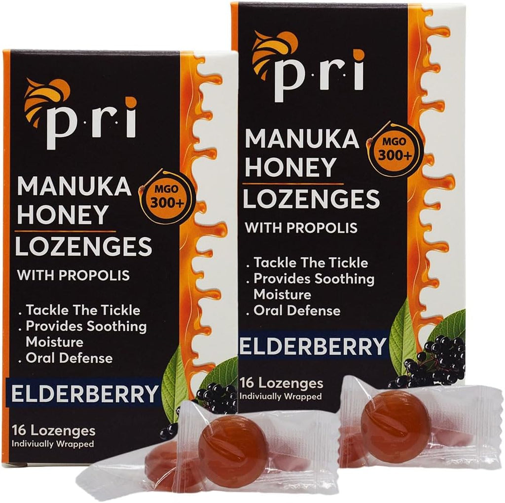 P.R.I Manuka Honey Lozenges with Propolis, Soothing Cough and Throat Drops, MGO 300+ Certified (Elderberry, 16 Count/2 Pack)