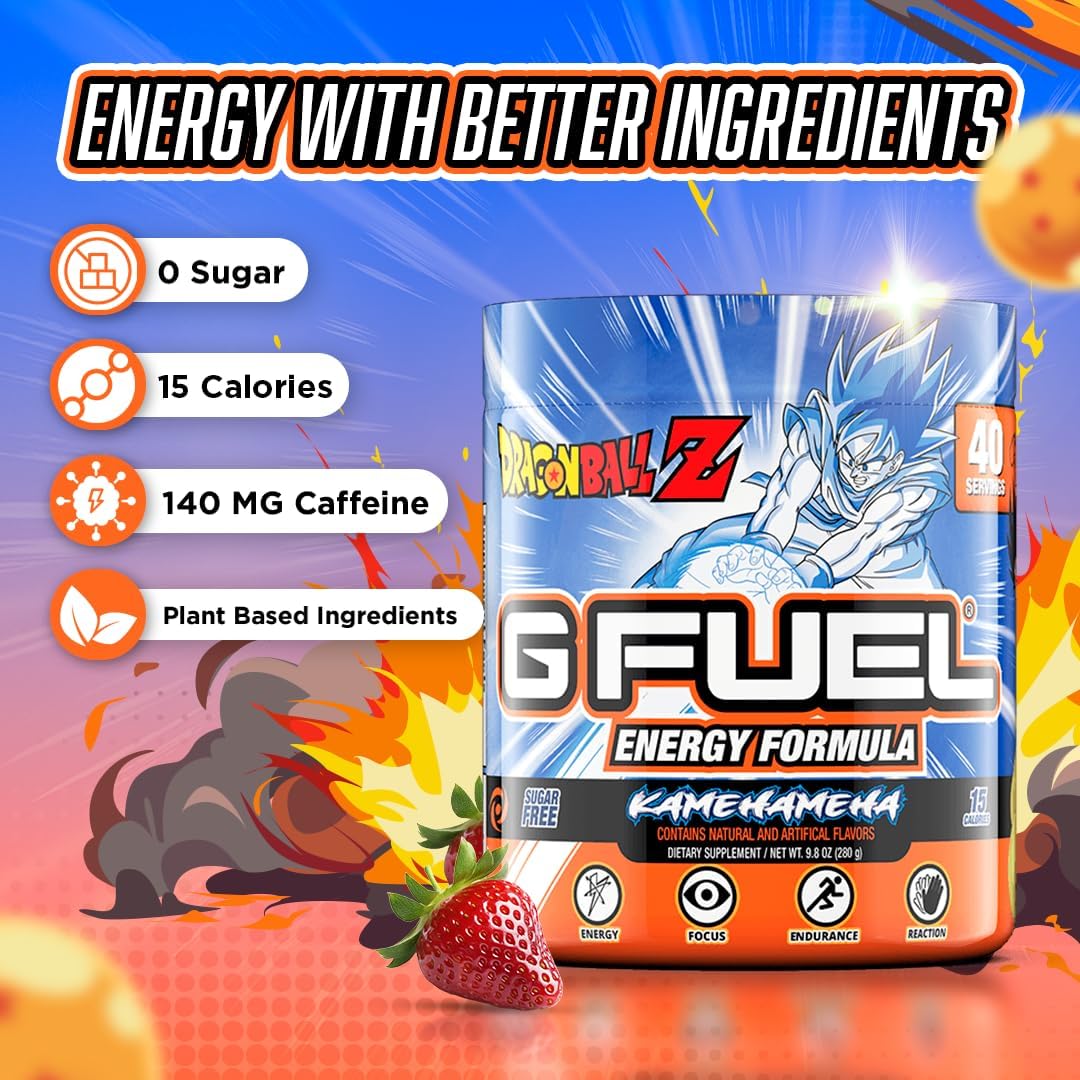 G Fuel Dragon Ball Z Energy Drink Powder, Pre Workout Caffeine Mix for Gaming, Sugar Free Focus Amino, Vitamin + Antioxidants, 9.8oz (Strawberry Lychee, 40 Servings)