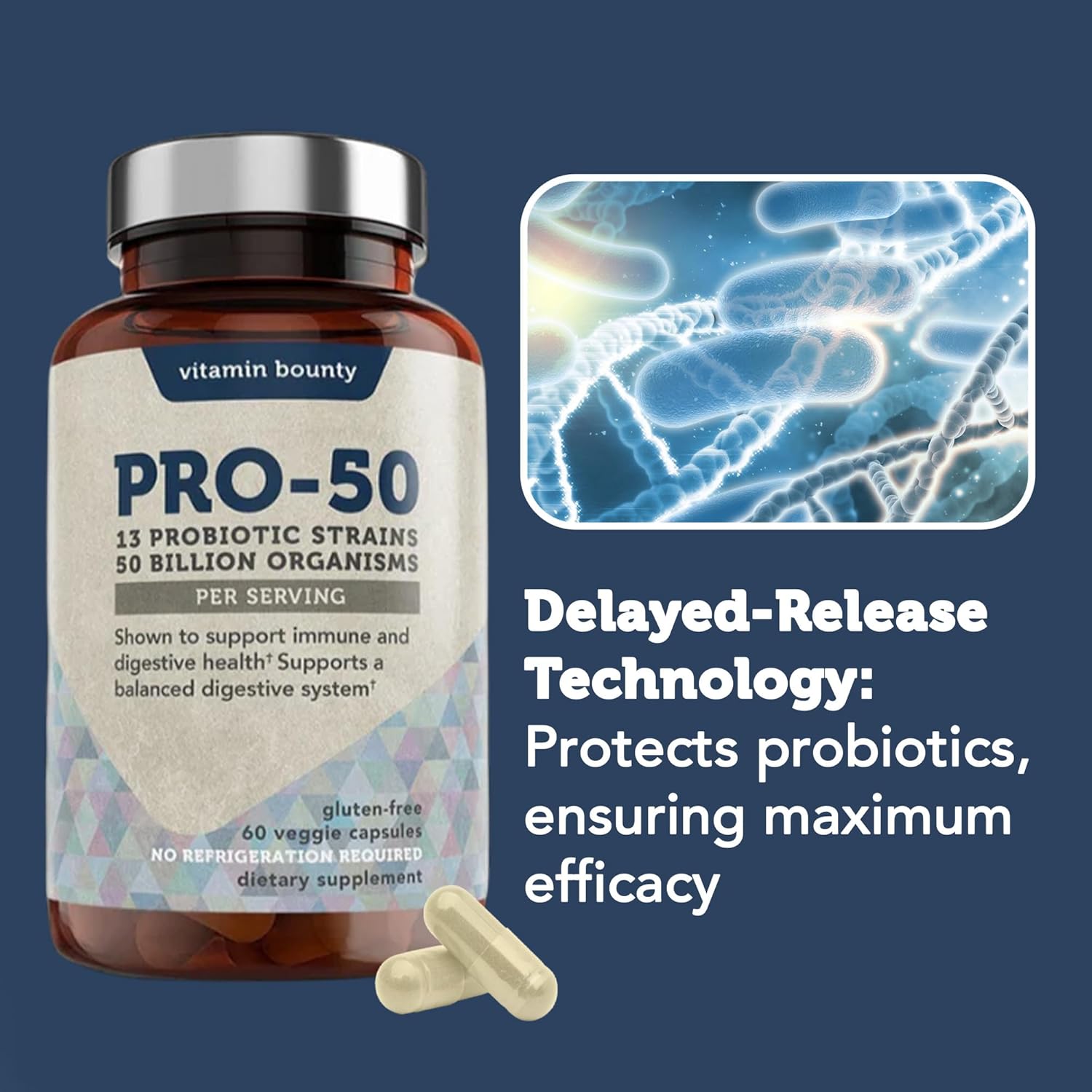 Vitamin Bounty Pro-50 Probiotic 50 Billion CFU - 13 Strain Supplement for Men & Women + Prebiotics - Digestive Health & Gut Support - Lactobacillus & Bifidobacterium - Delayed Release Capsules, 2 Pack