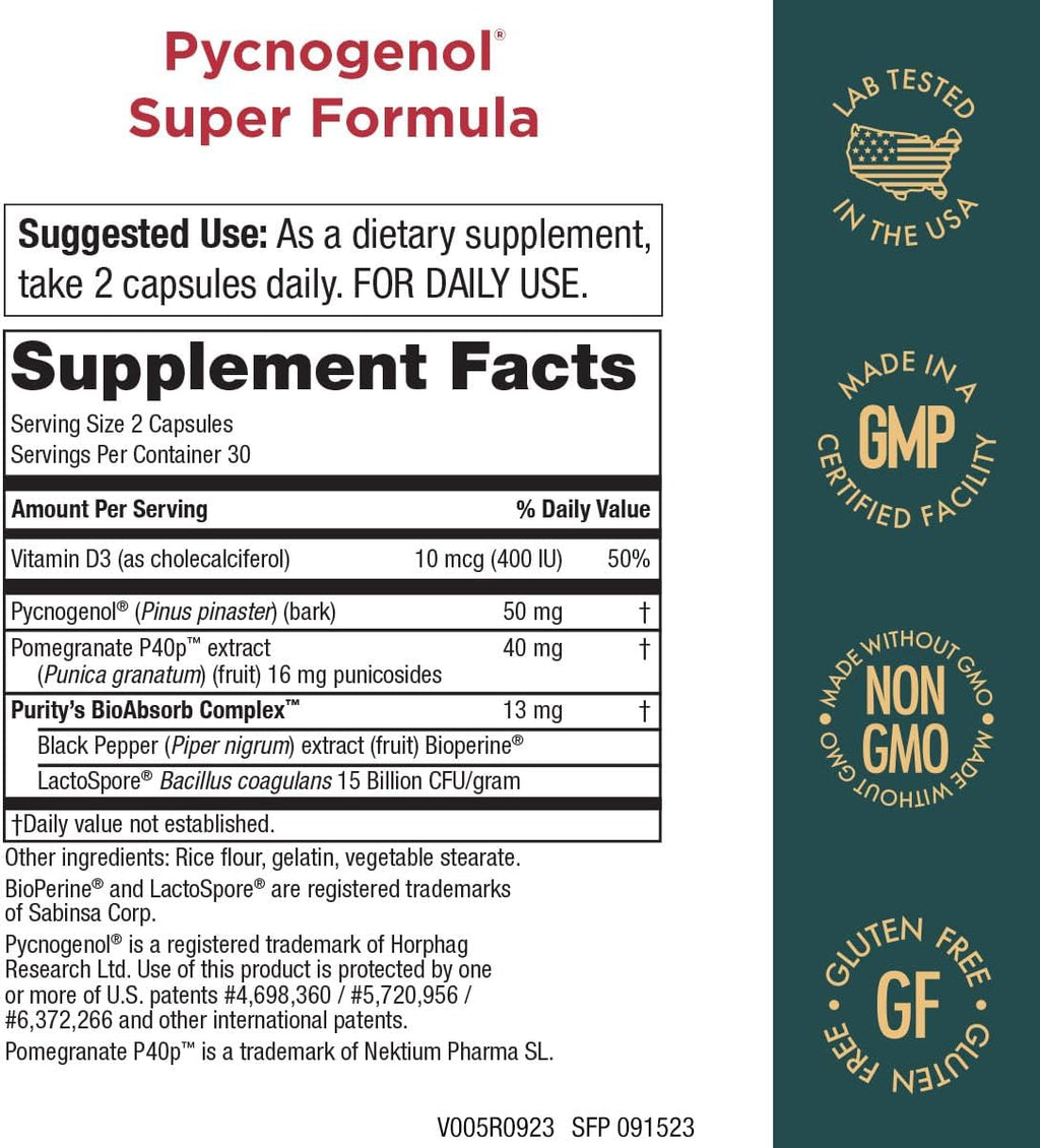 Pycnogenol Super Formula- Activated Pycnogenol Pomegranate P40p- 60 Capsules