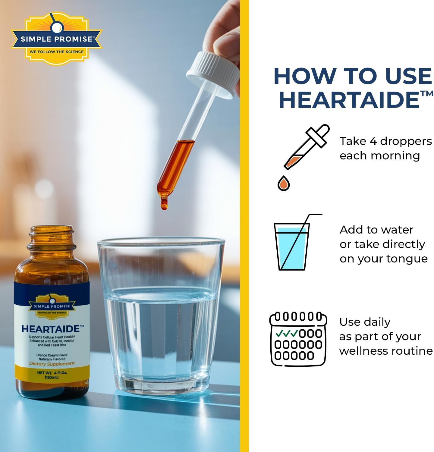 Simple Promise HeartAide - Heart Health Supplement - Red Yeast Rice with CoQ10 (200mg & 100mg) & Inositol - Liquid Drops for Cholesterol & Cardiovascular Support - 4 fl oz, Orange Cream Flavor
