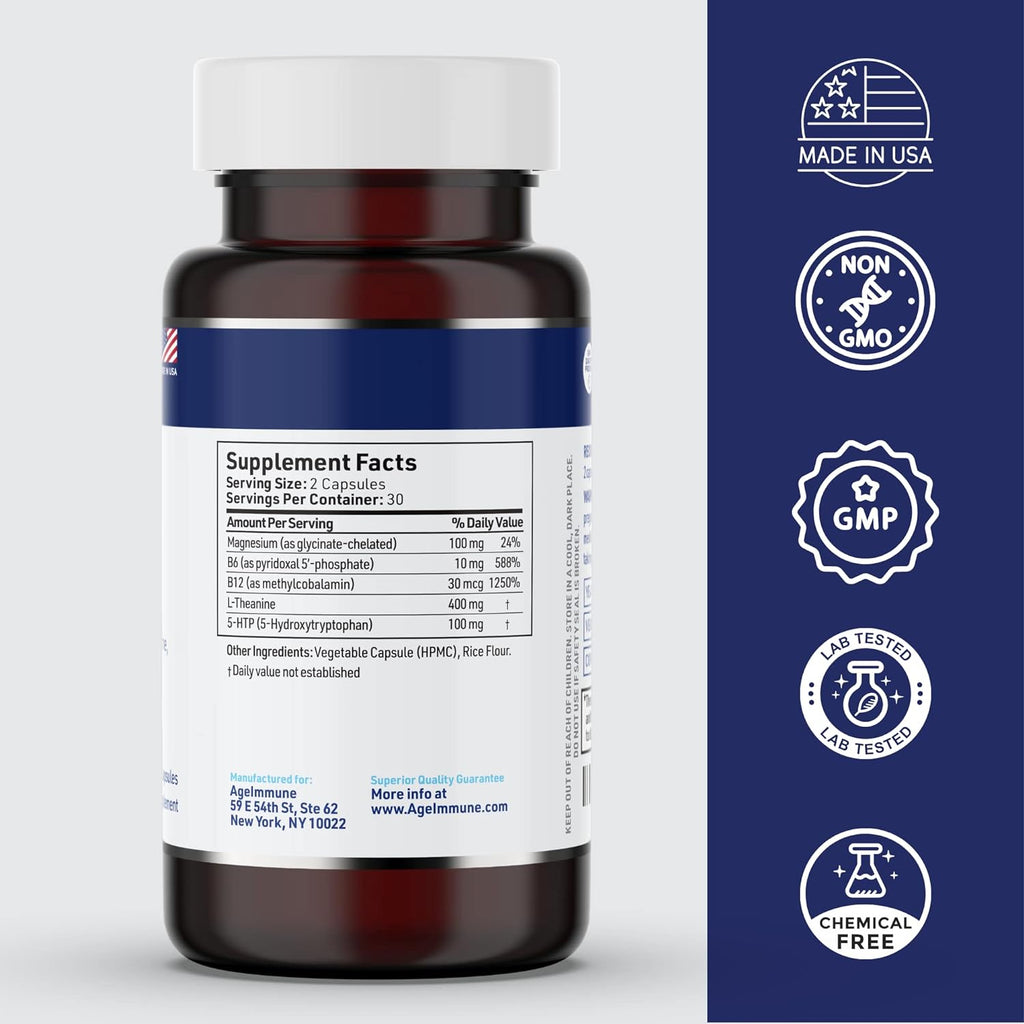 5-HTP Formula for Stress Relief and relaxation support for Teens and Adults with 5-HTP, L-Theanine, Vitamin B6, Vitamin B12, Magnesium - Doctor Formulated - Magnesium Stearate Free - 60 capsules.