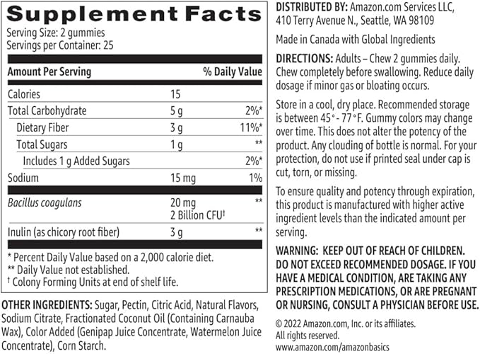 Amazon Basics Prebiotic & Probiotic Gummies, 2 Billion CFU, Blue Raspberry, 50 Count (2 per Serving)