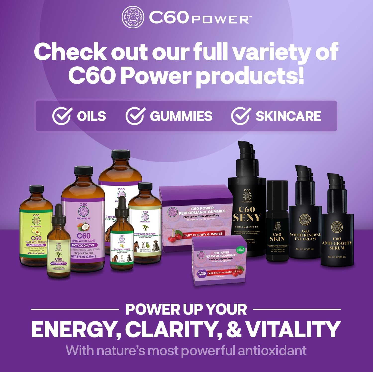 C60 Power Gummies, 1 Box Sugar Free Tart Cherry - 99.99% Pure, Sublimated C60Carbon Fullerenes and Organic Coconut Oil, Made in The USA, Supports Energy & Mental Clarity (30 Count)
