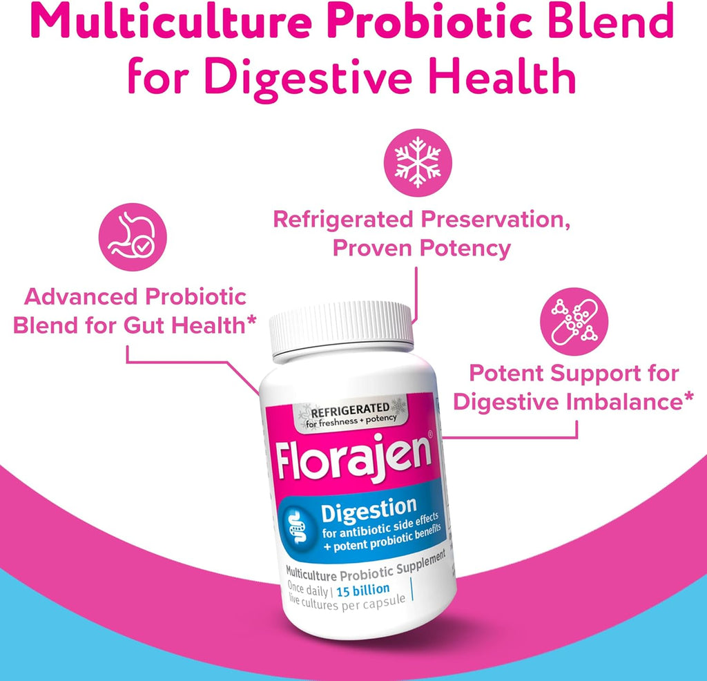 Florajen Digestion Probiotic - Gut Health Supplement for Bloating, Constipation, & Digestive Relief - 15 Billion Live Cultures - Multi-Strain Formula - Refrigerated for Freshness - 90-Count