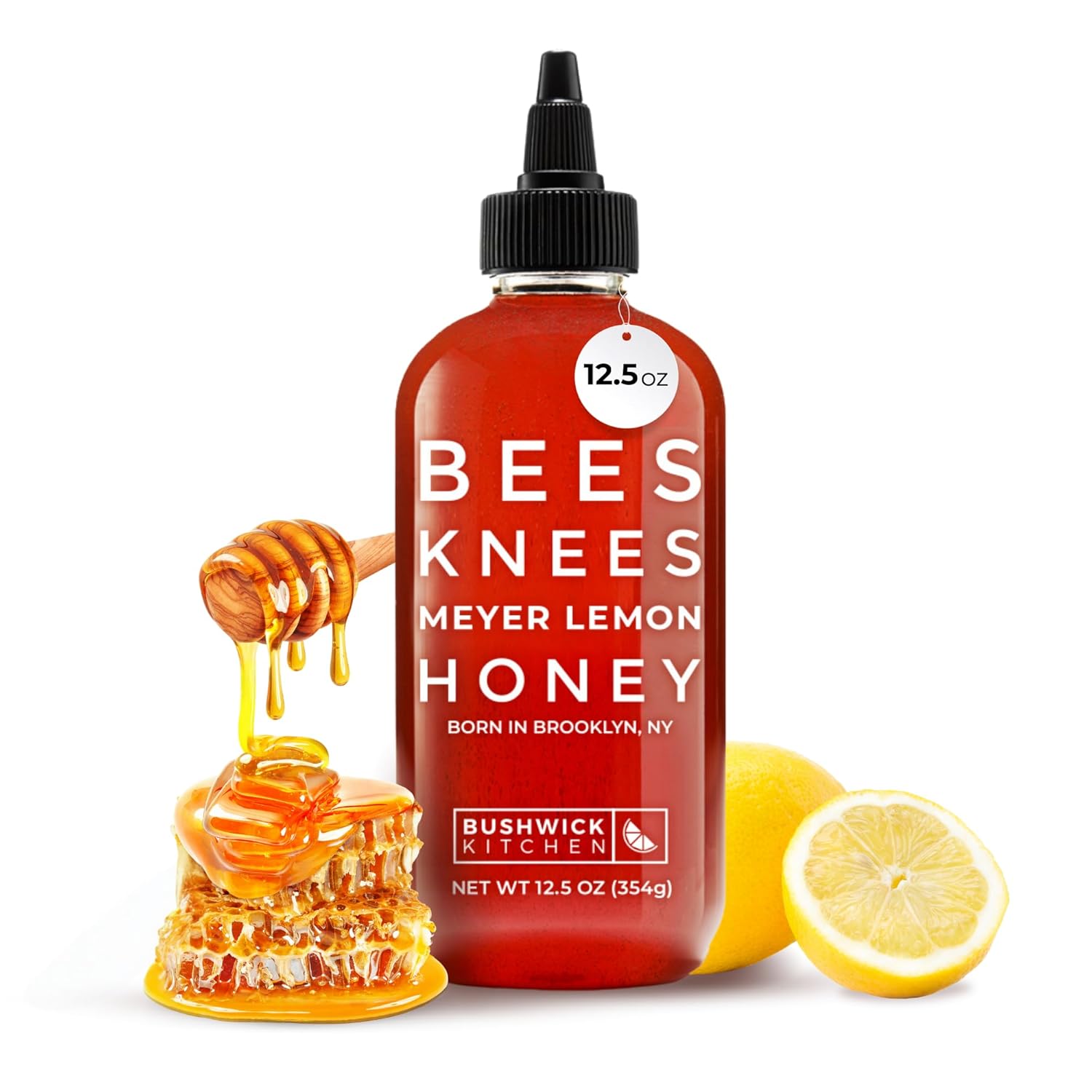Bees Knees Meyer Lemon Honey Squeeze Bottle, Raw Honey for Tea, Sweet & Bright, Infused with Citrus & Made in the USA, Pure & All Natural, Unfiltered & Gluten Free, 12.5oz
