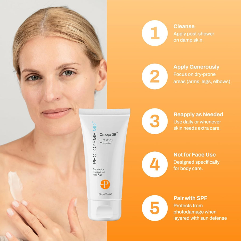 Photozyme Omega 36 Body Complex – Anti-Aging Body Cream with Omega 3,6, Ceramides & DNA Repair Enzymes – Hydrating, Firming, Nourishing, Fragrance Free, Unscented – 2 fl oz