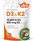 VEV Vitamin D3 K2, 10,000 IU D3, 200mcg K2 (with MK7) Corefeel, Supports Bone and Teeth Health, Dual Nutrient Support for Daily Wellness, Easy to Swallow – 300 Capsules