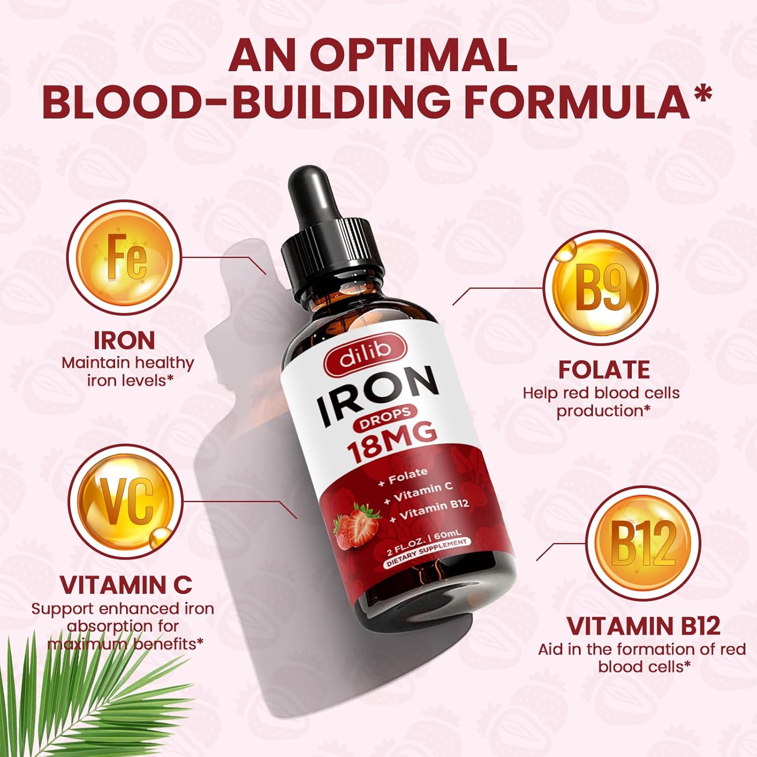(2 Pack) Liquid Iron Supplement for Women & Men Iron Drops Iron Supplements for Anemia with Folate, Vitamin C, B12 for Red Blood Cell Support-Strawberry, 4 Fl Oz