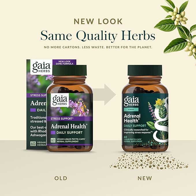 Gaia Herbs Adrenal Health Daily Support - Herbal Supplement with Ashwagandha, Holy Basil & Schisandra - Help Maintain Healthy Energy & Stress Levels* - 60 Vegan Liquid Phyto-Caps (30 Servings)