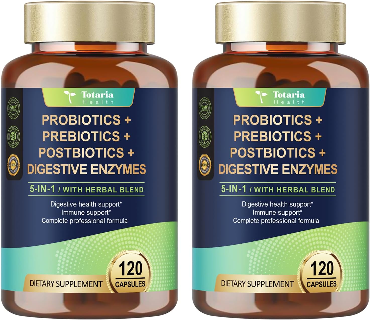 Totaria (2 Packs) 5-in-1 Probiotic Prebiotic & Postbiotic for Women Men, 60 Billion CFU 24 Strains w/Digestive Enzymes, Slippery Elm, Daily Complete Gut Health, Digestive & Immune Support